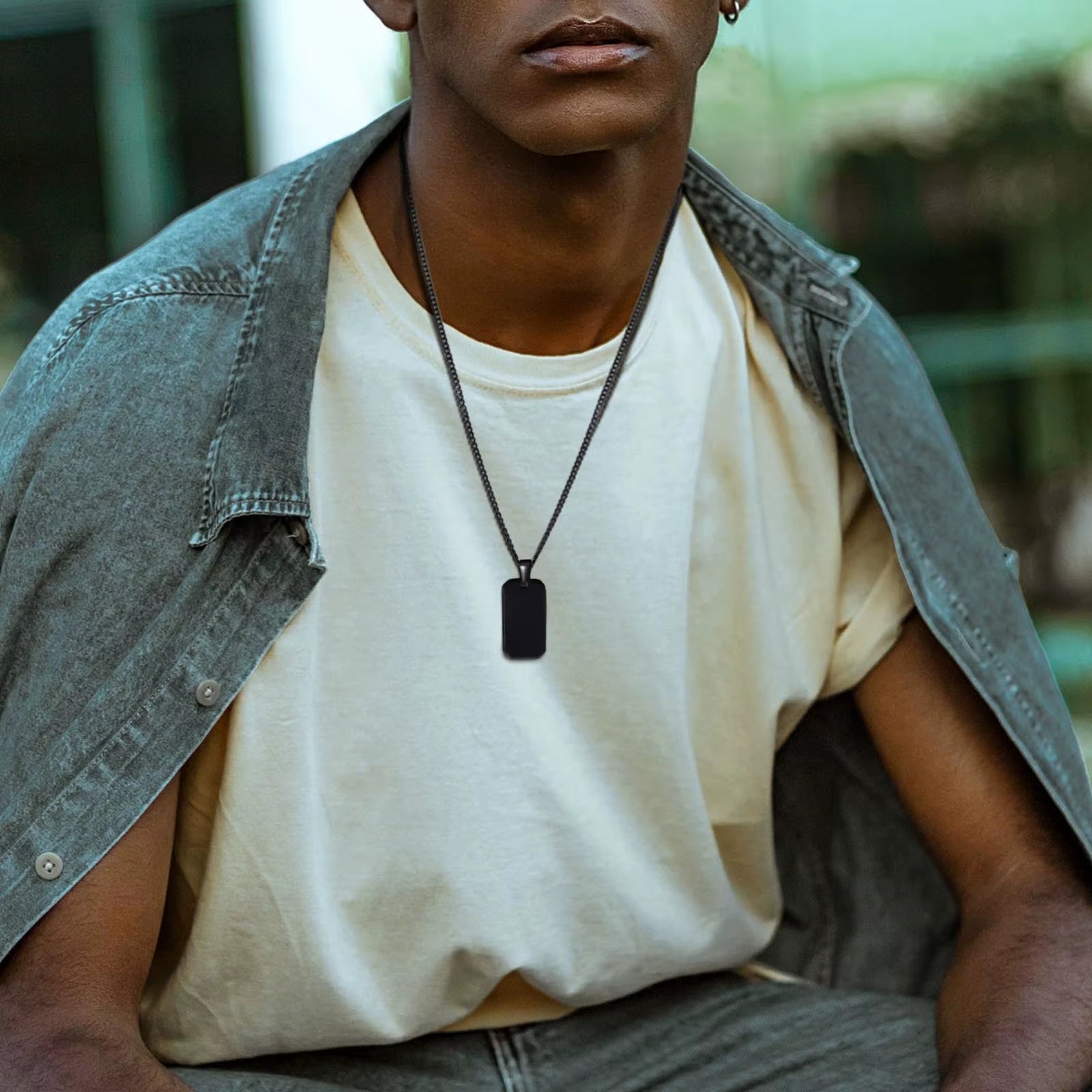 Men Dogtag Necklaces, Geometric Rectangle Pendant with Cuban Chain, Black Silver Color Stainless Steel Casual Neck Collar