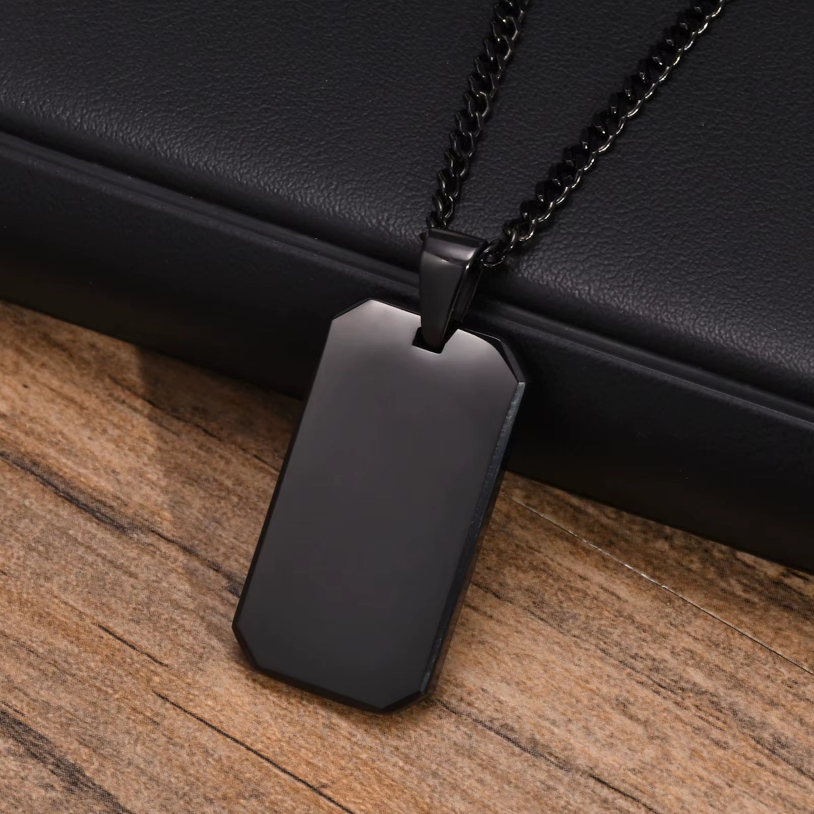 Men Dogtag Necklaces, Geometric Rectangle Pendant with Cuban Chain, Black Silver Color Stainless Steel Casual Neck Collar