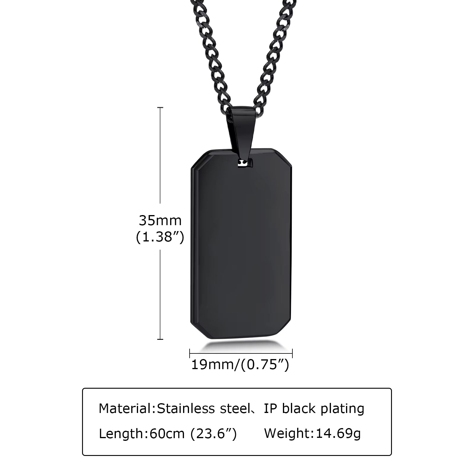 Men Dogtag Necklaces, Geometric Rectangle Pendant with Cuban Chain, Black Silver Color Stainless Steel Casual Neck Collar