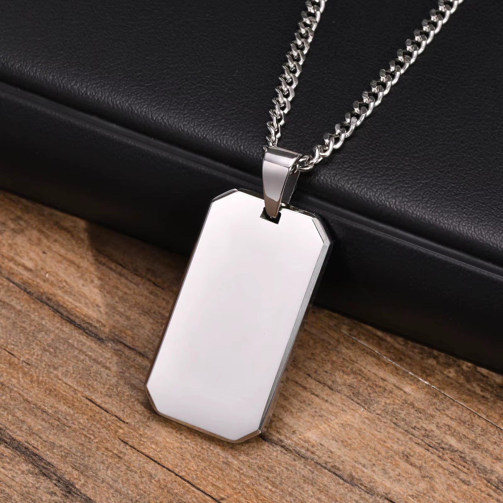 Men Dogtag Necklaces, Geometric Rectangle Pendant with Cuban Chain, Black Silver Color Stainless Steel Casual Neck Collar