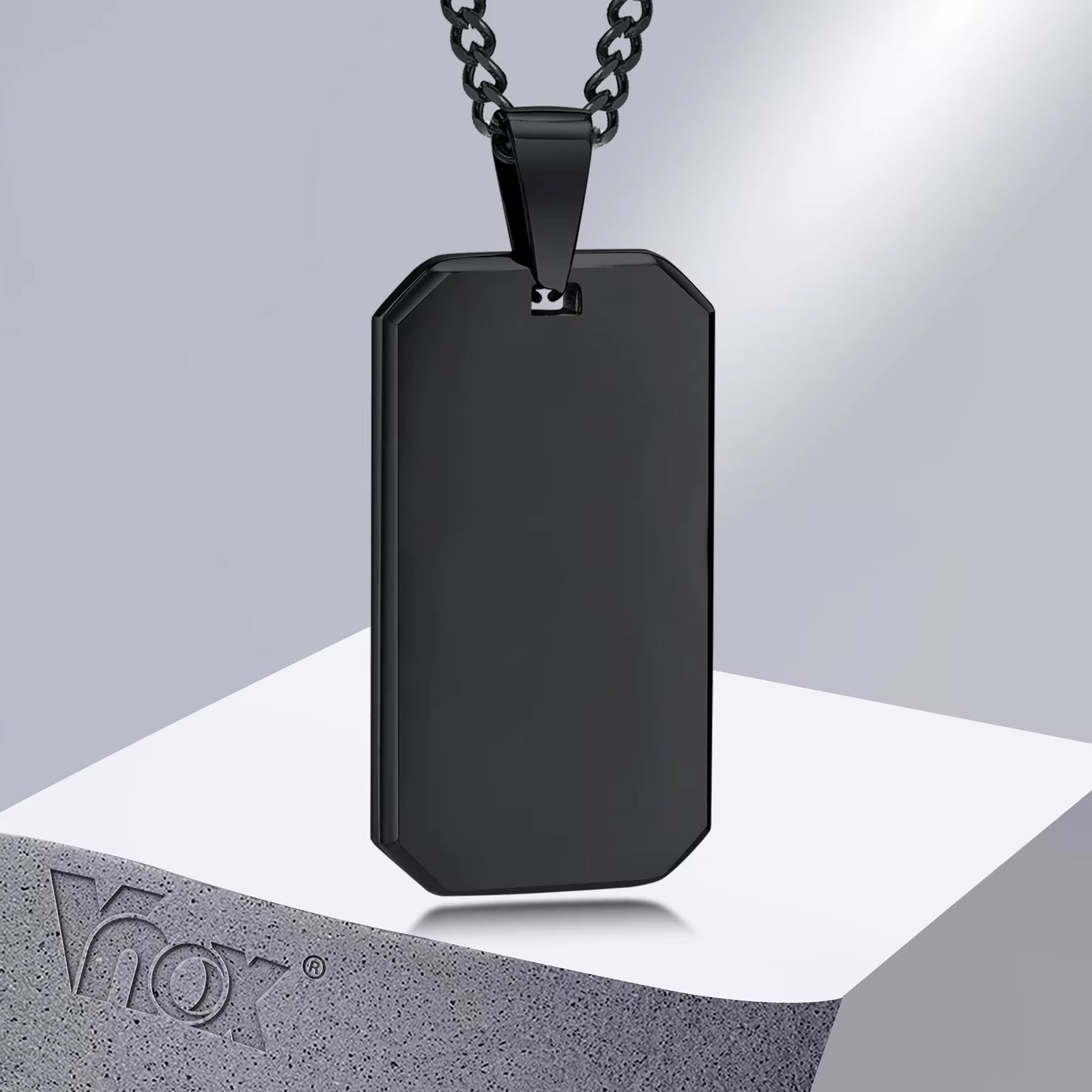 Men Dogtag Necklaces, Geometric Rectangle Pendant with Cuban Chain, Black Silver Color Stainless Steel Casual Neck Collar